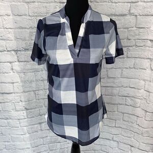 Women’s cotton blend vcut short sleeve mock collar shirt blue & white sz M